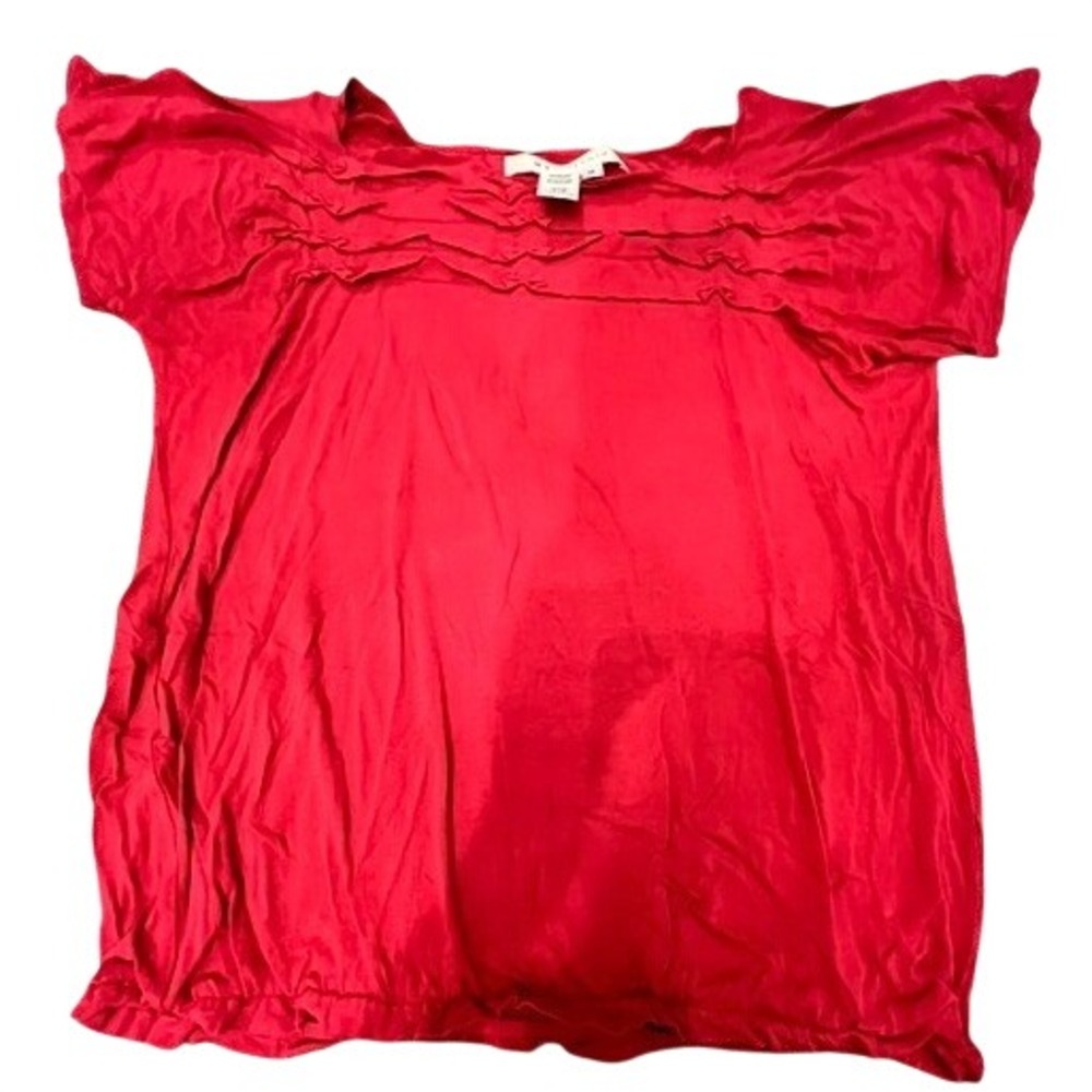 Max Studio Blouse Womens Medium Red Pintuck Pleated Bubble Hem Short Sleeve